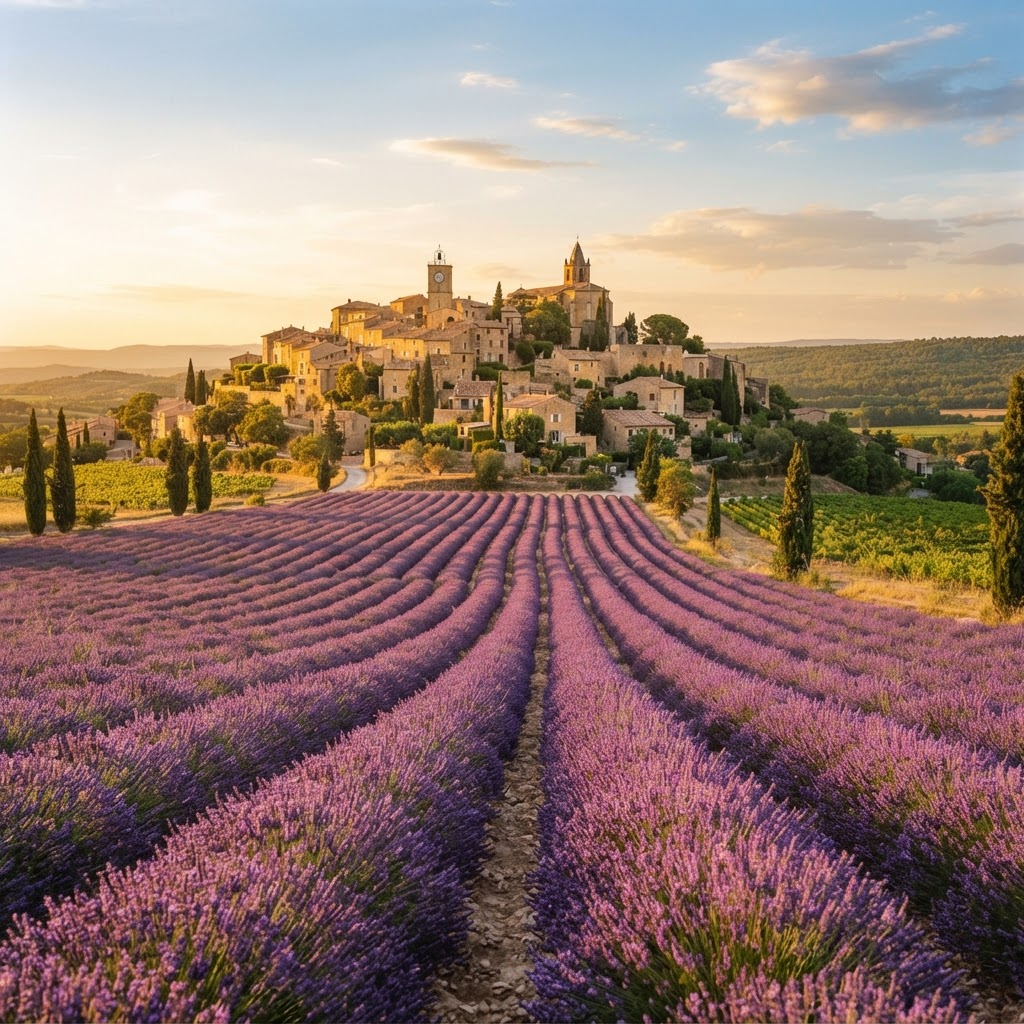 Lavender fields and a stone village in Provence at golden hour