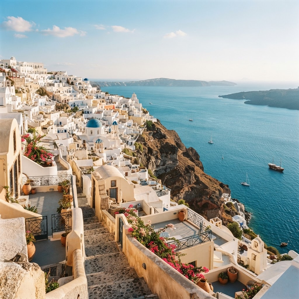 Whitewashed island town above a bright blue Mediterranean sea