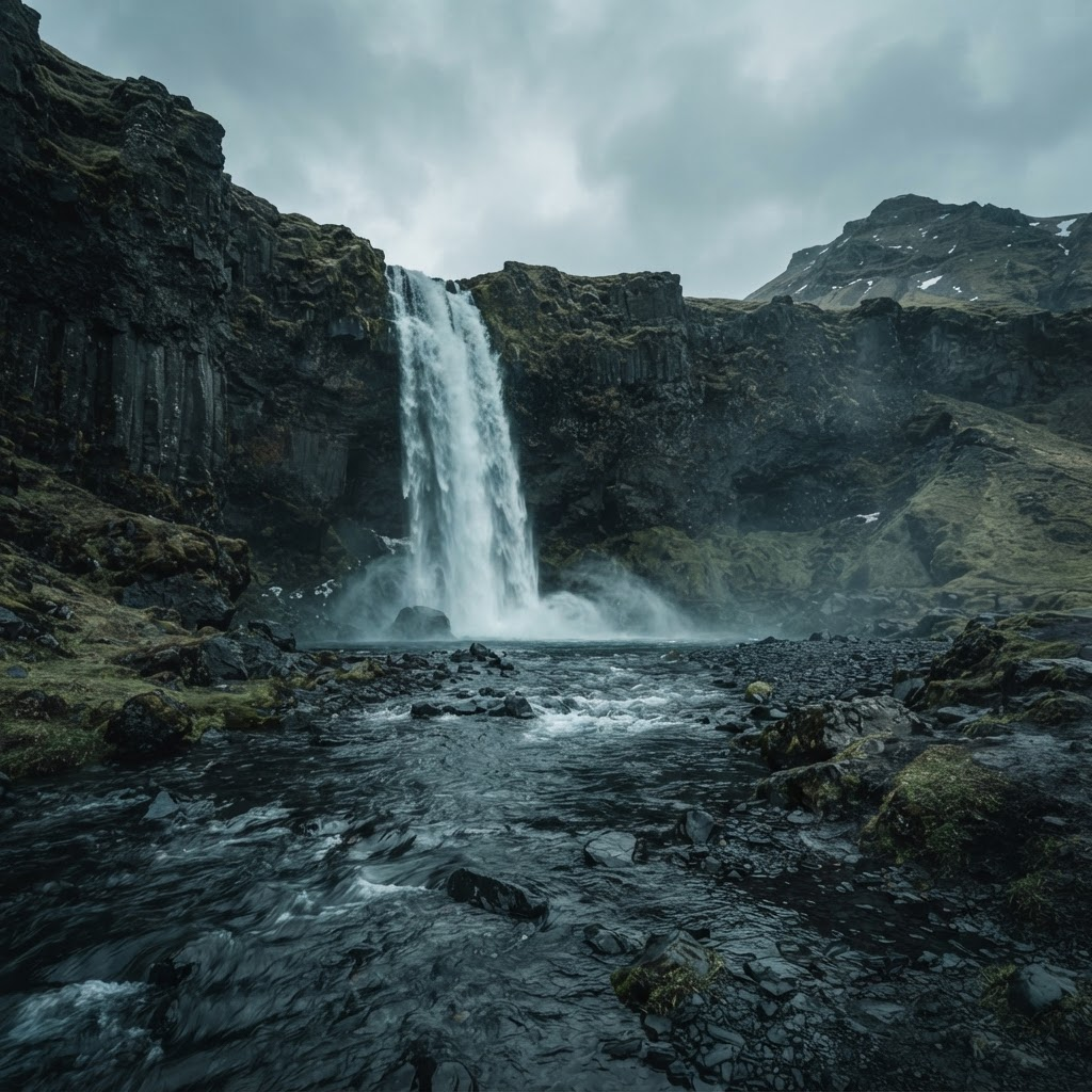 Dramatic Icelandic waterfall over black volcanic rock