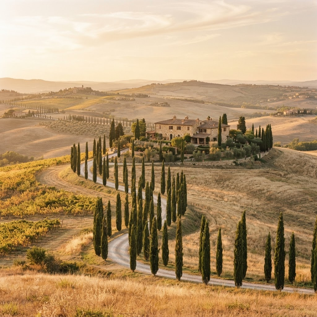 Sun-warmed Tuscan hills with cypress trees and a stone villa