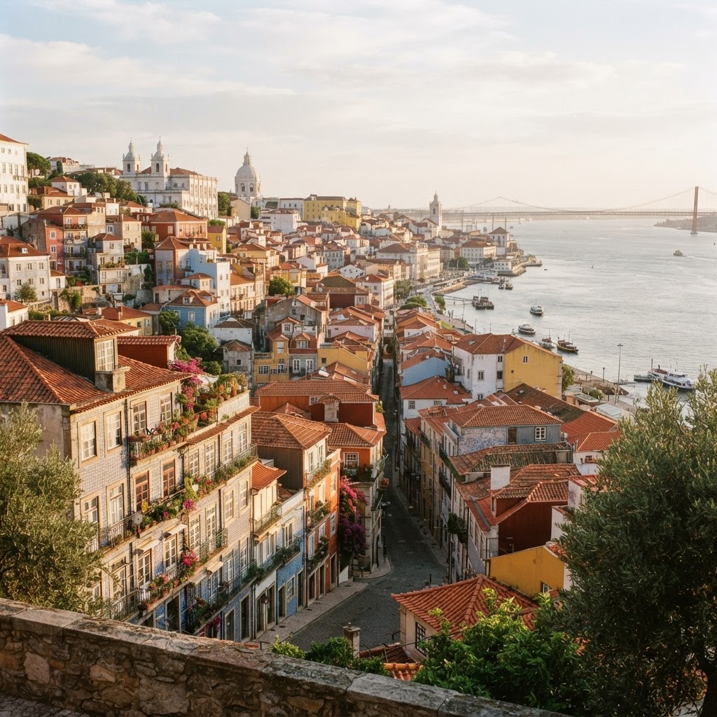Colorful Lisbon hillside with tiled buildings above the water