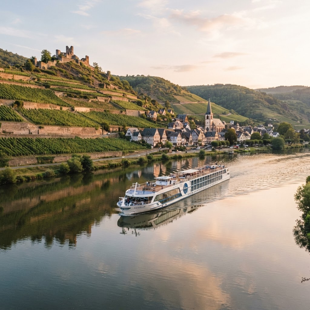 A river cruise ship gliding past a European village and vineyards