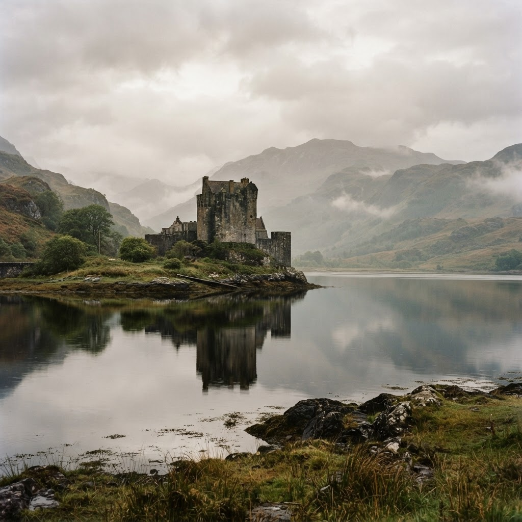 Misty Scottish Highlands with a castle above a still loch
