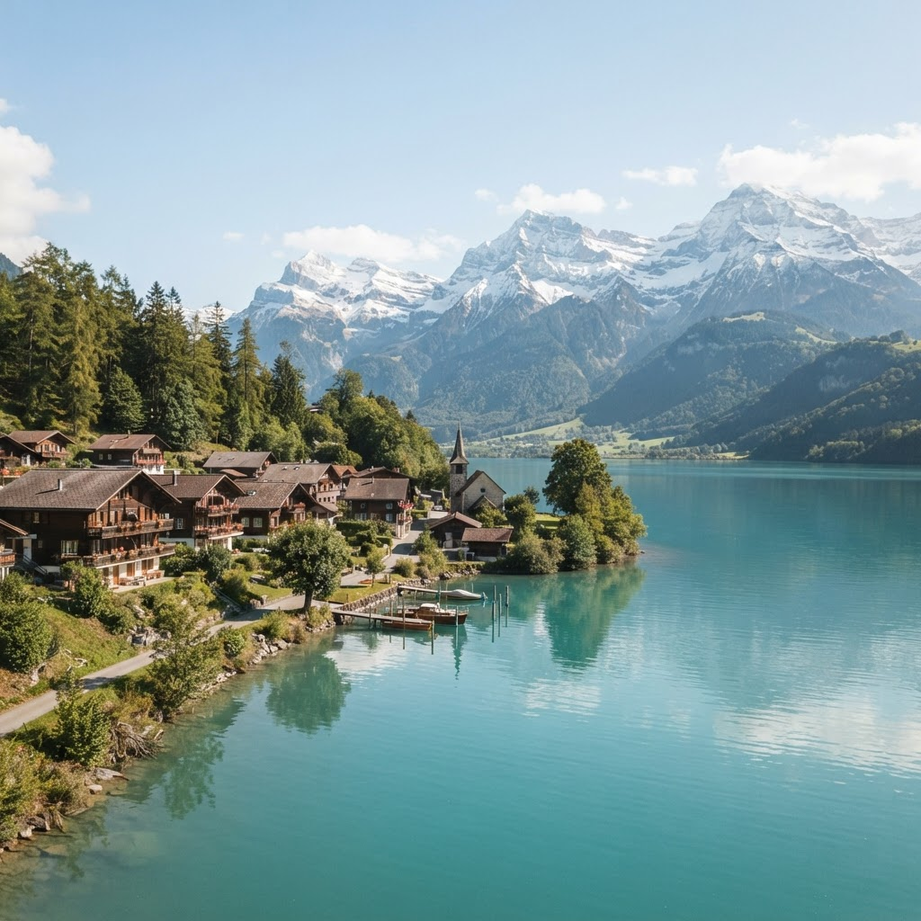 Alpine village beside a turquoise lake with snow-capped peaks
