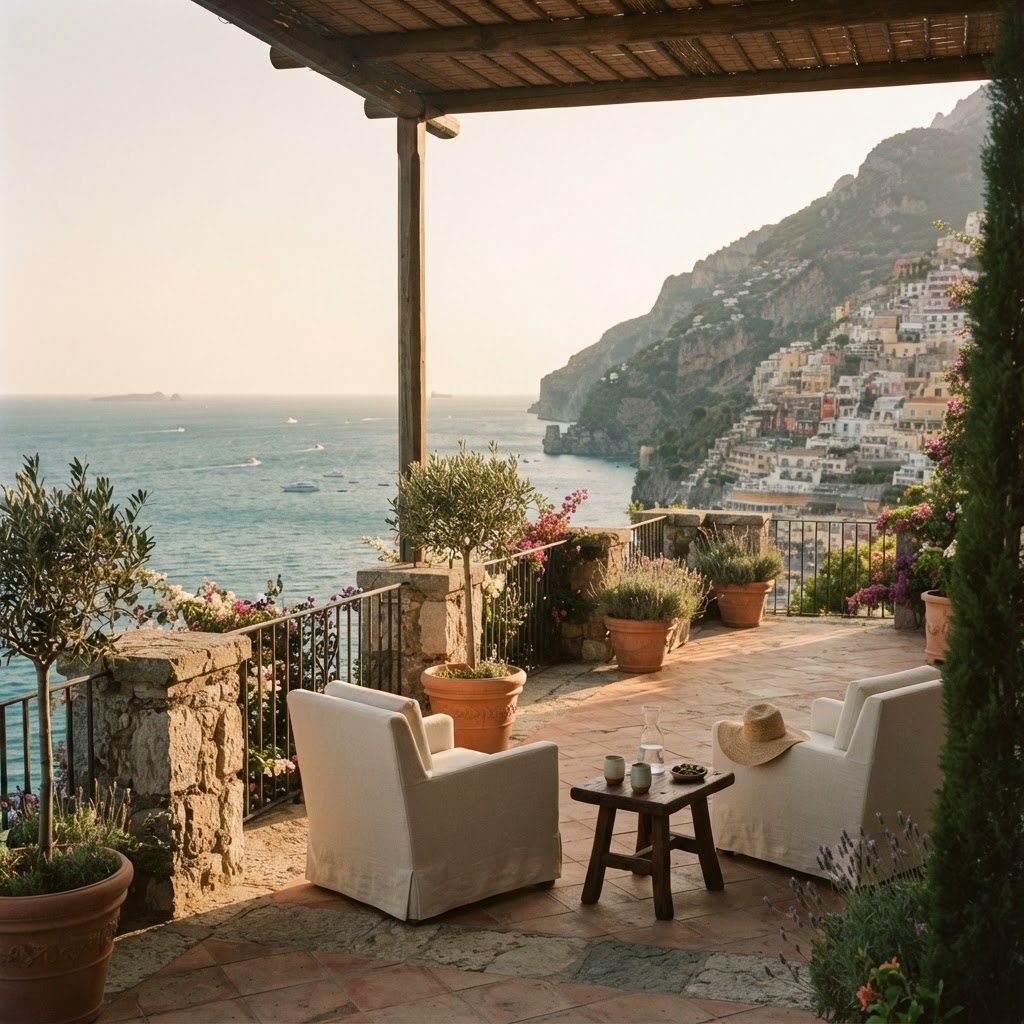 A sunlit Mediterranean terrace overlooking the sea at golden hour
